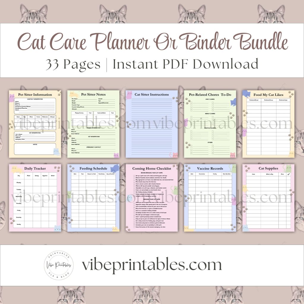 Cat Care Planner Or Binder Bundle In Pastel