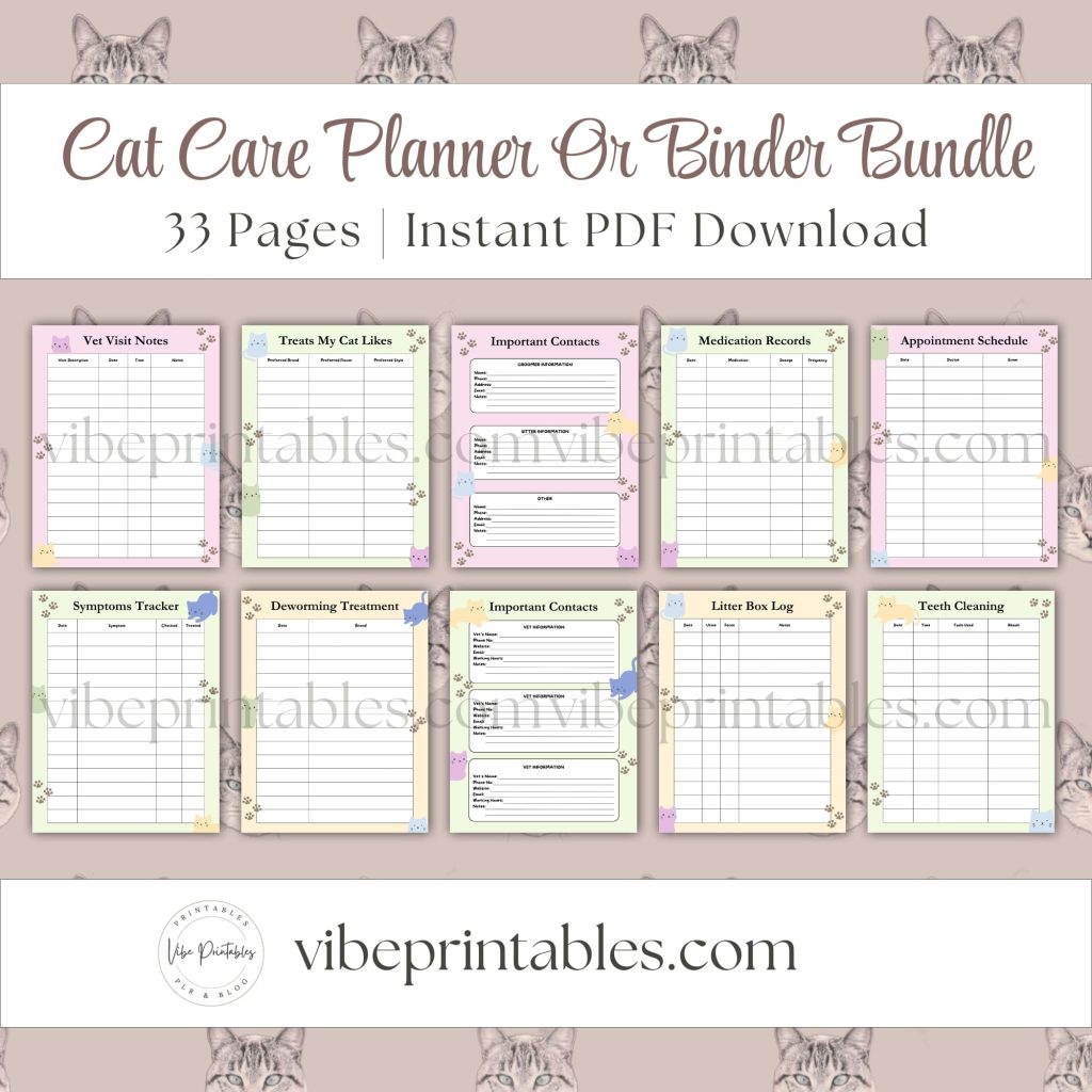Cat Care Planner Or Binder Bundle In Pastel