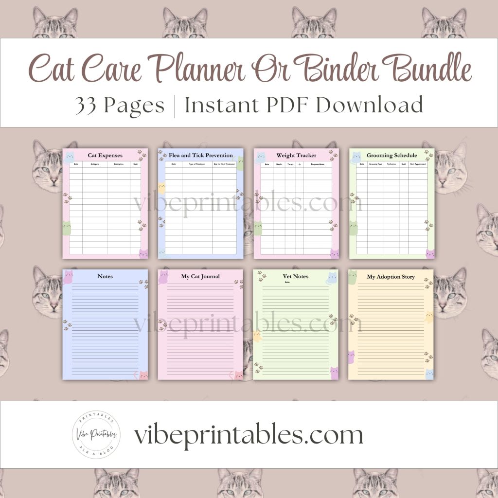 Cat Care Planner Or Binder Bundle In Pastel