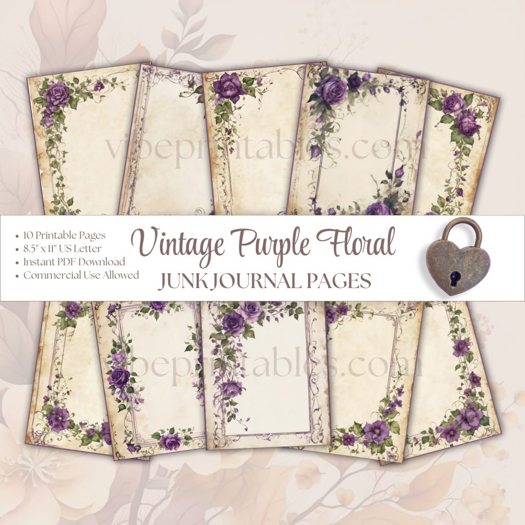 Vintage Puple Florals Junk Journal Pages