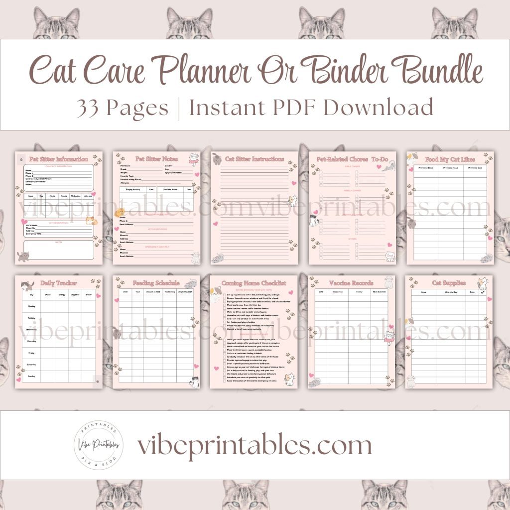 Cat Care Planner Or Binder In Pink
