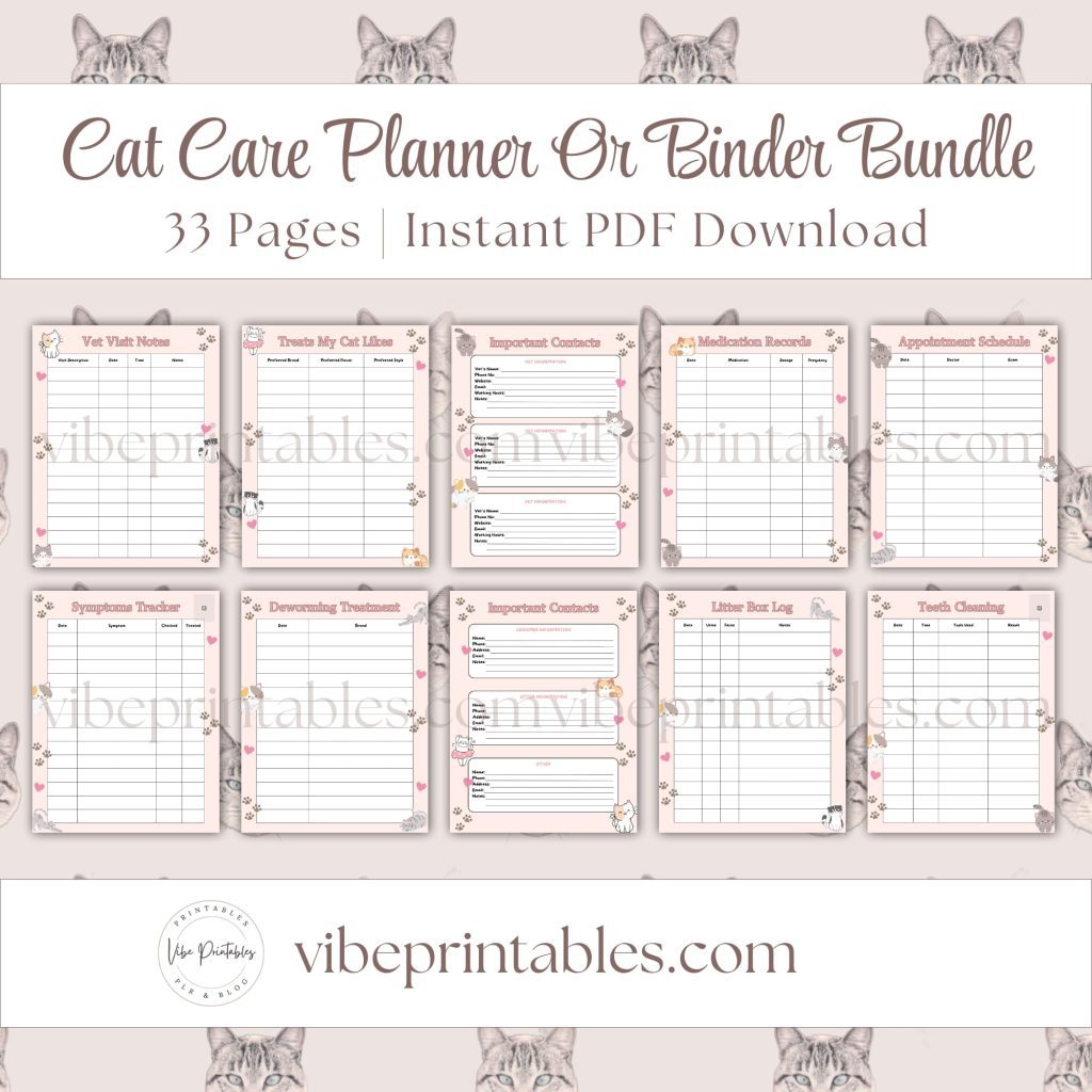 Cat Care Planner Or Binder In Pink