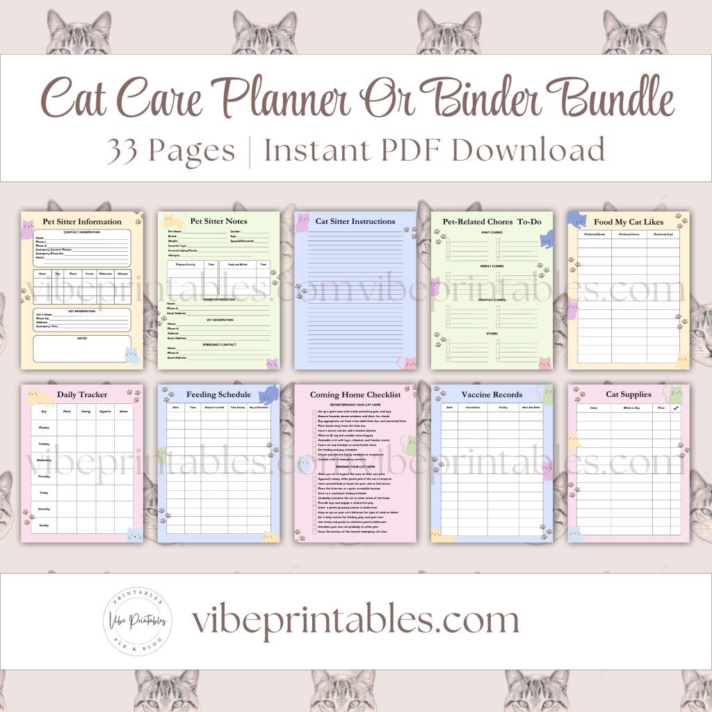 Cat Care Planner Or Binder In Pastel