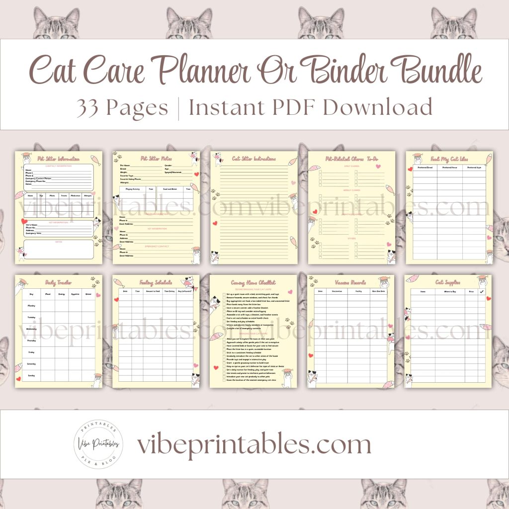 Cat Care Planner Or Binder Bundle In Yellow