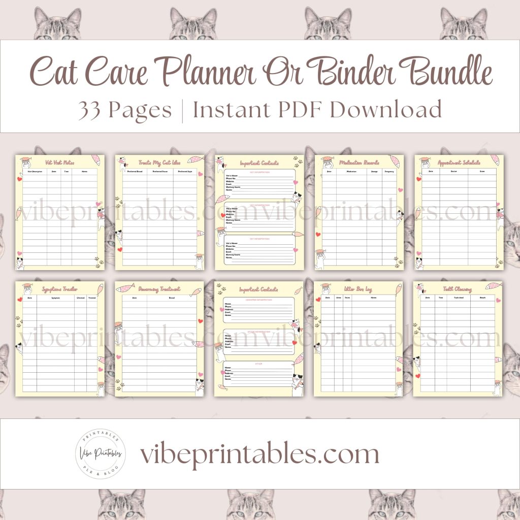 Cat Care Planner Or Binder Bundle In Yellow
