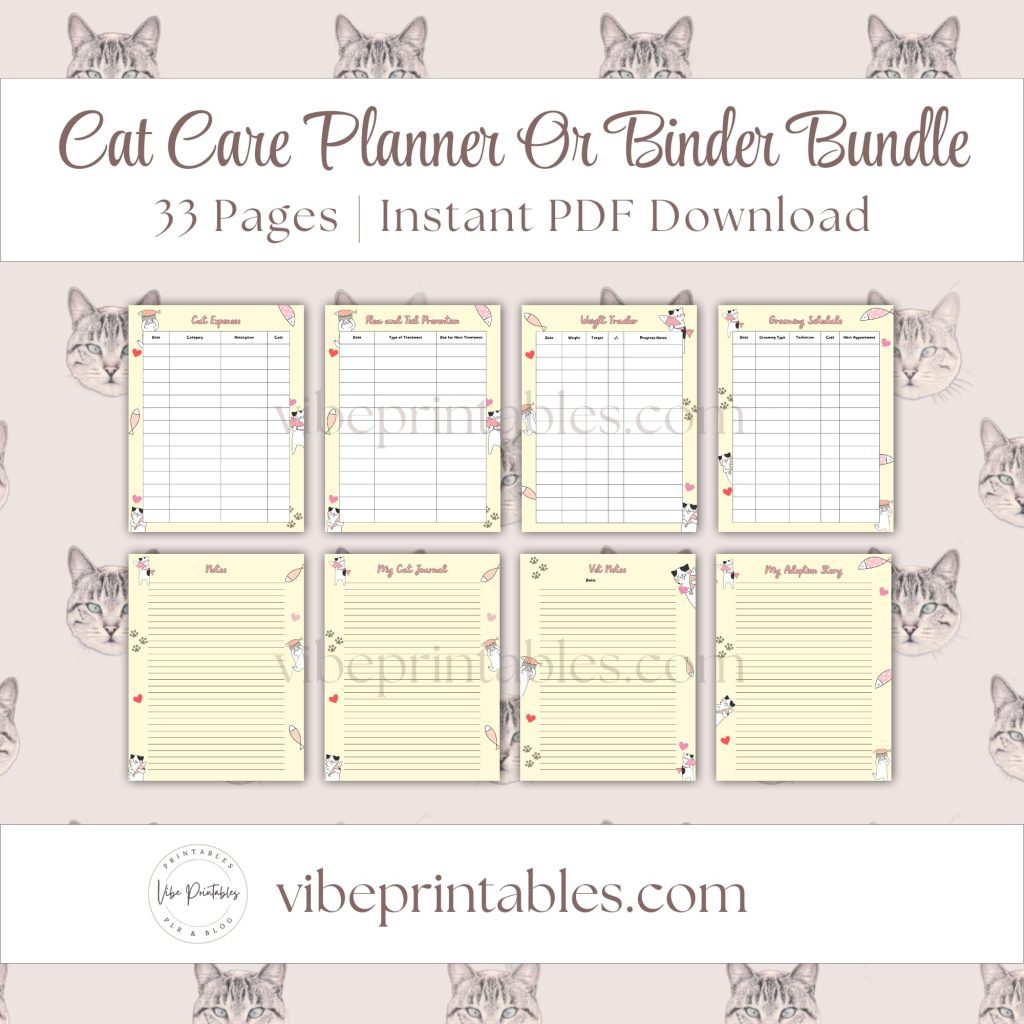 Cat Care Planner Or Binder Bundle In Yellow