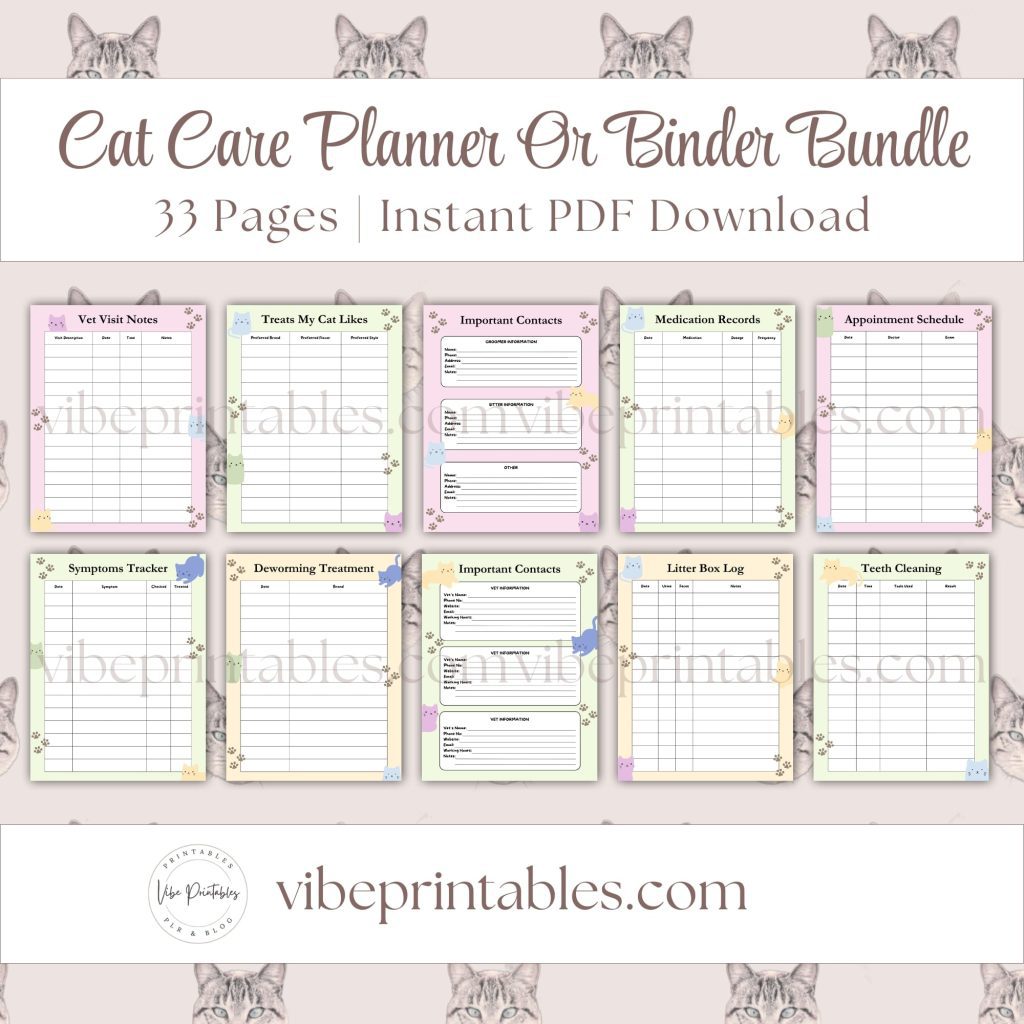 Cat Care Planner Or Binder In Pastel