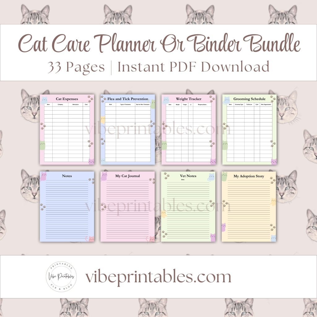 Cat Care Planner Or Binder In Pastel
