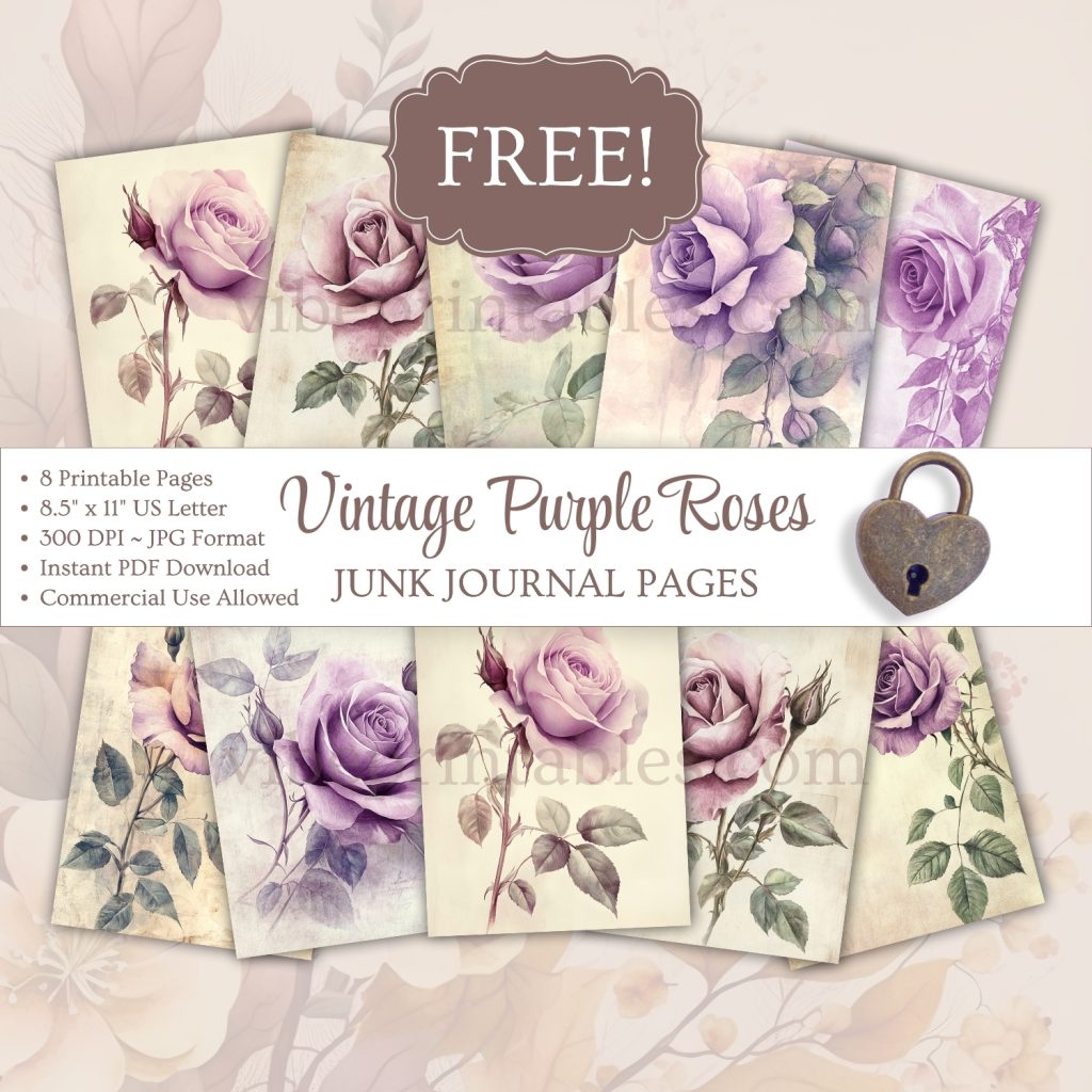 FREE Printable Vintage Purple Roses Junk Journal Pages