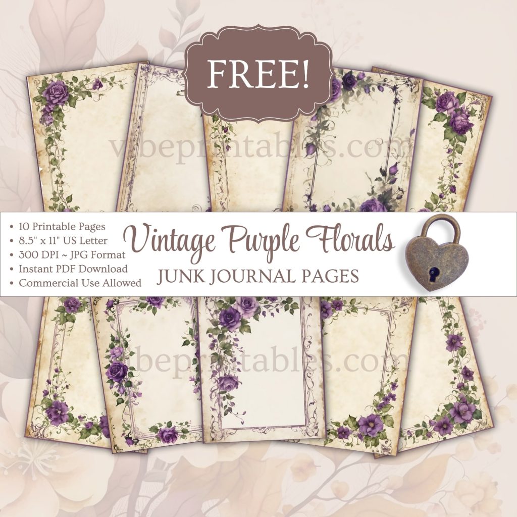 FREE Printable Vintage Purple Florals Junk Journal Pages