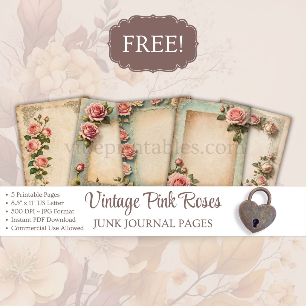 FREE Vintage Pink Roses Junk Journal Pages