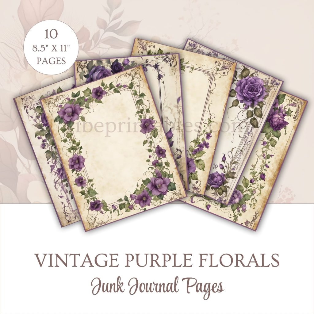 FREE Printable Vintage Purple Florals Junk Journal Pages