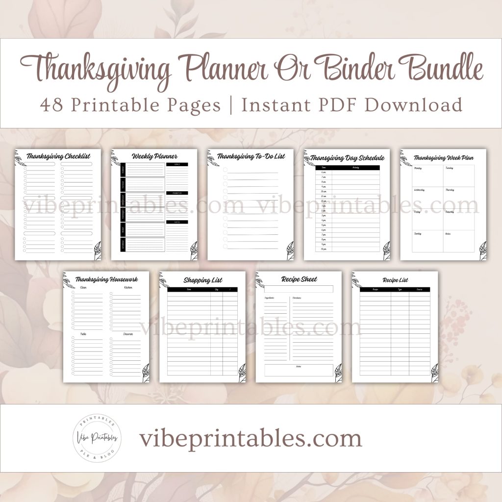 Printable Thanksgiving Planner Or Binder Bundle In Black & White