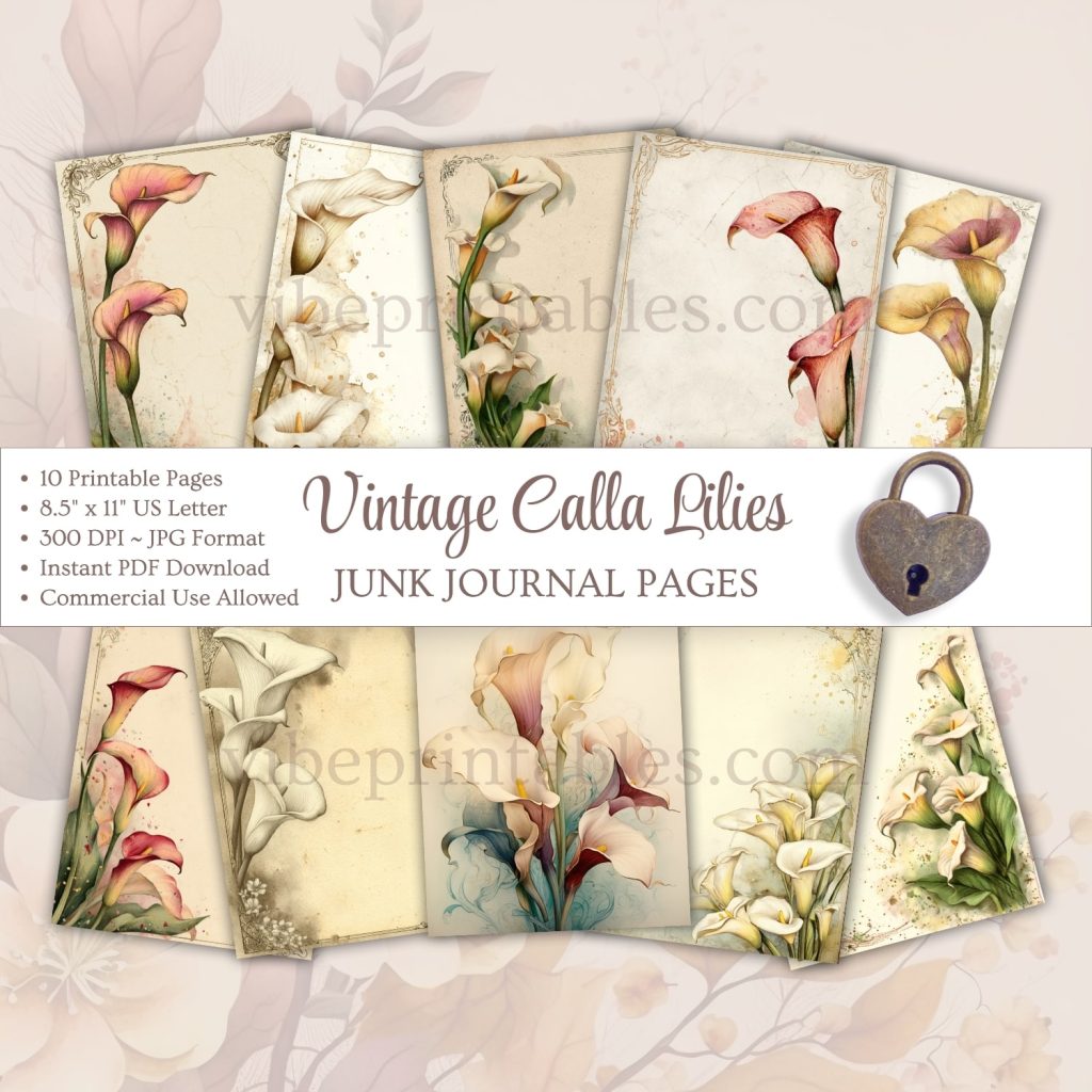 Printable Vintage Calla Lilies Junk Journal Pages