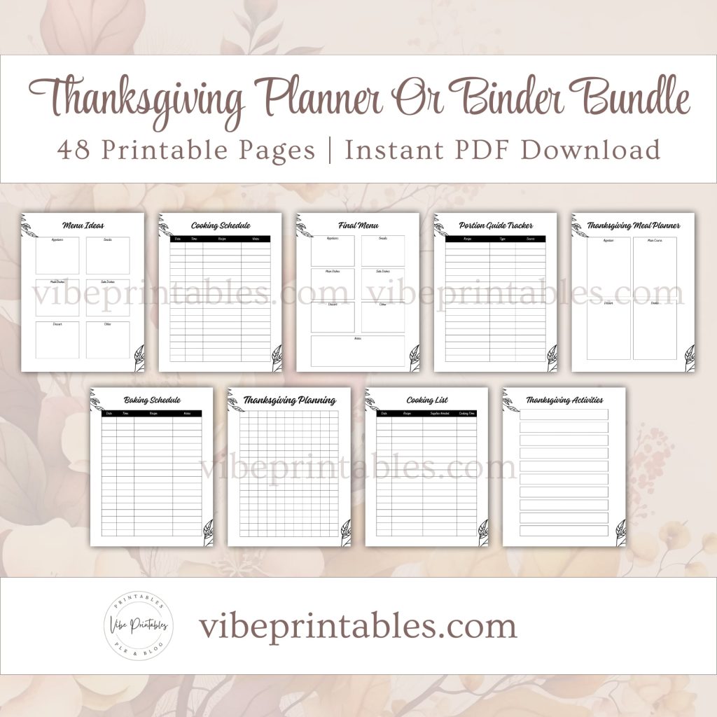 Printable Thanksgiving Planner Or Binder Bundle In Black & White