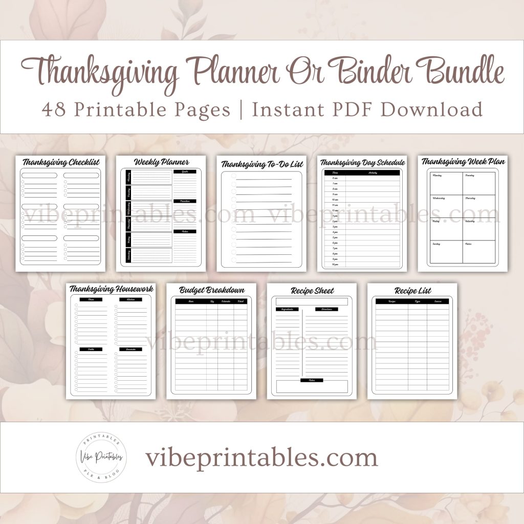 Printable Thanksgiving Planner Or Binder Bundle In Minimalist Design