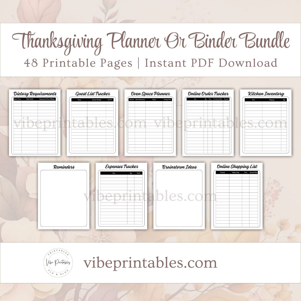 Printable Thanksgiving Planner Or Binder Bundle In Minimalist Design
