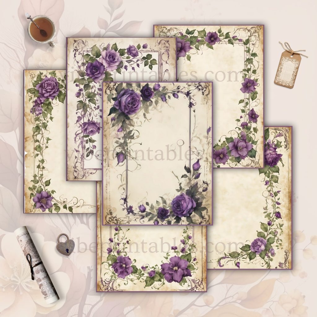 FREE Printable Vintage Purple Florals Junk Journal Pages