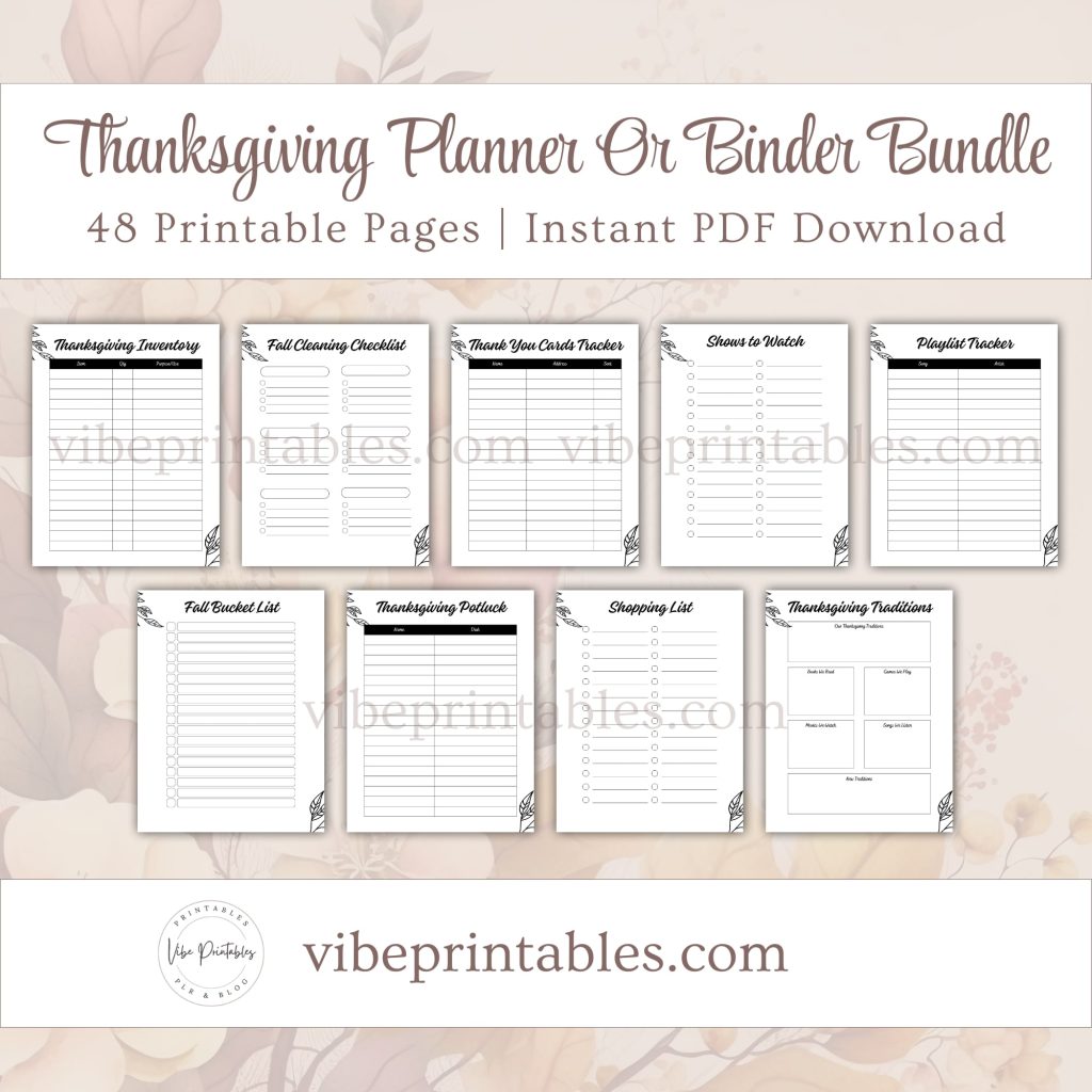 Printable Thanksgiving Planner Or Binder Bundle In Black & White