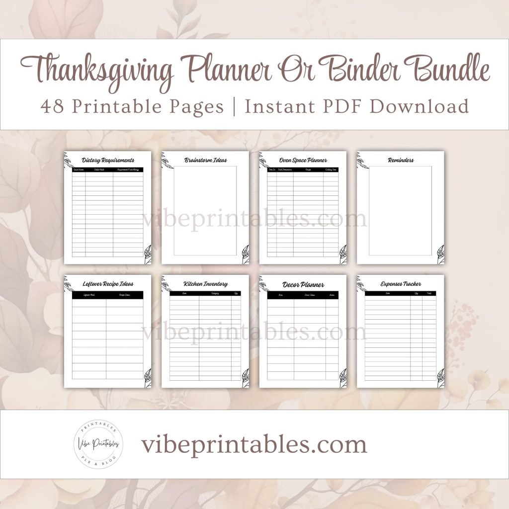 Printable Thanksgiving Planner Or Binder Bundle In Black & White