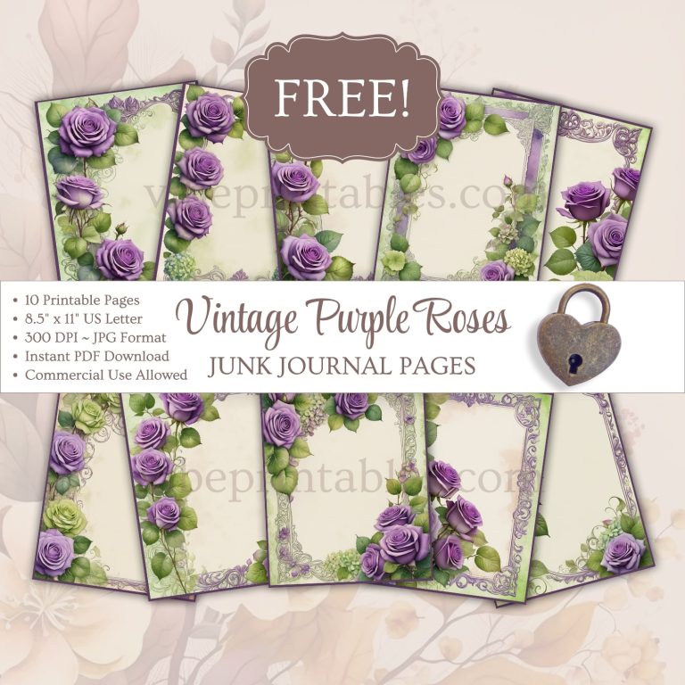 FREE Printable Vintage Purple Roses Junk Journal Pages