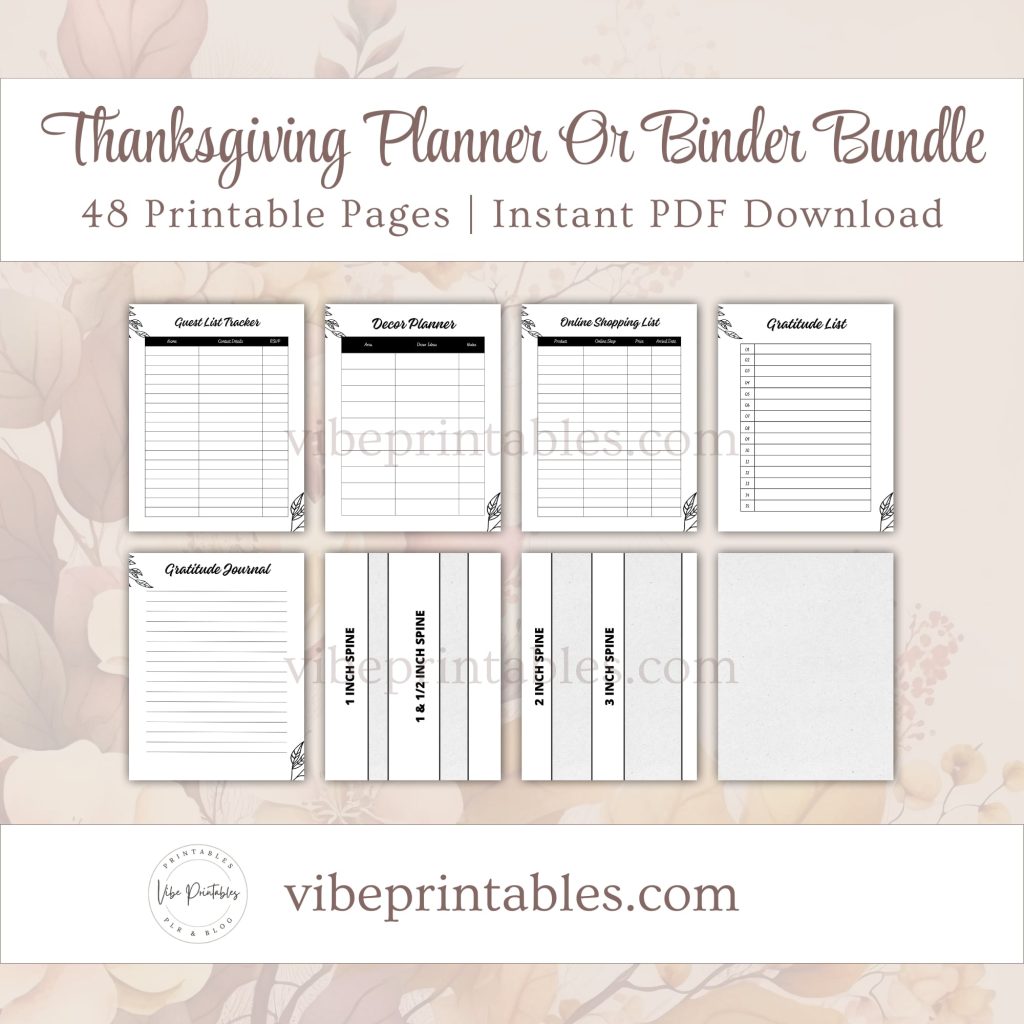 Printable Thanksgiving Planner Or Binder Bundle In Black & White