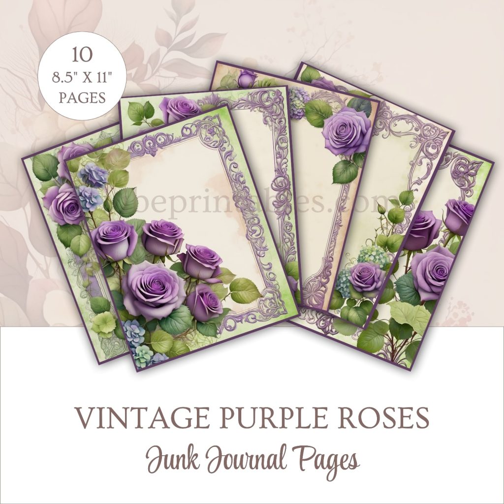 FREE Printable Vintage Purple Roses Junk Journal Pages