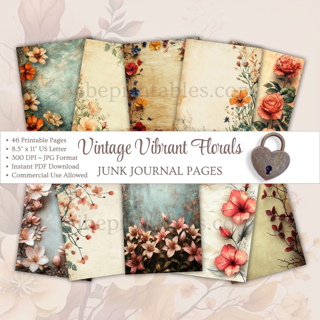 Printable Vintage Vibrant Florals Junk Journal Pages