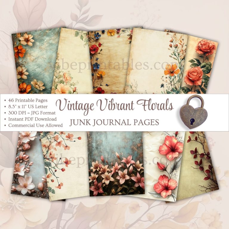 Printable Vintage Vibrant Florals Junk Journal Pages