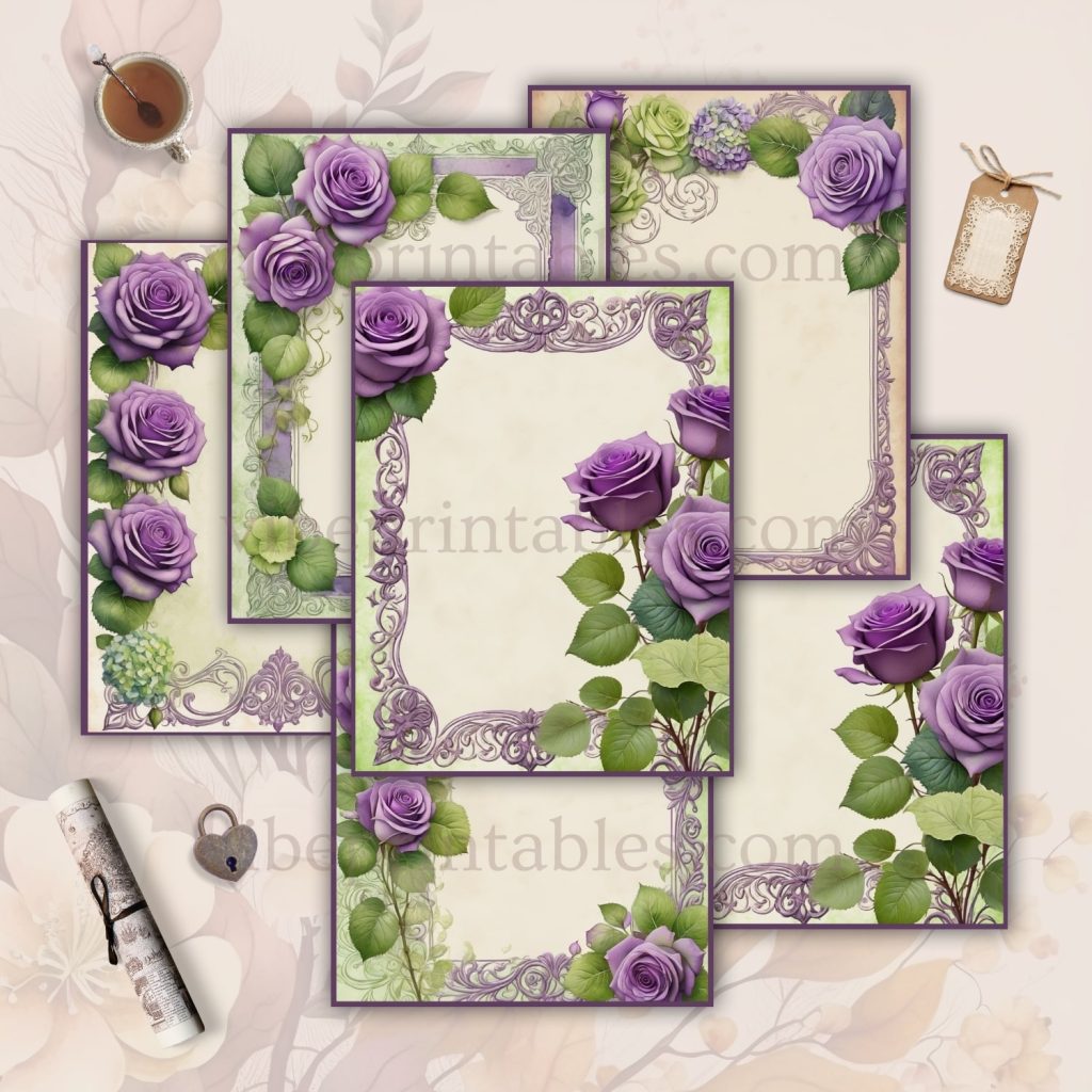 FREE Printable Vintage Purple Roses Junk Journal Pages
