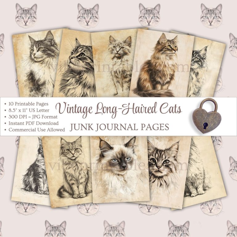 Printable Vintage Long-Haired Cats Junk Journal Pages