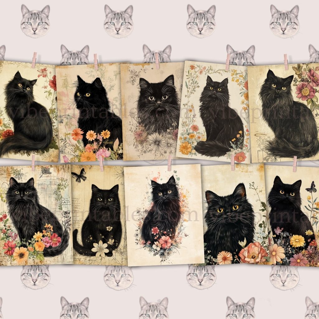 Printable Vintage Black Cats Junk Journal Pages