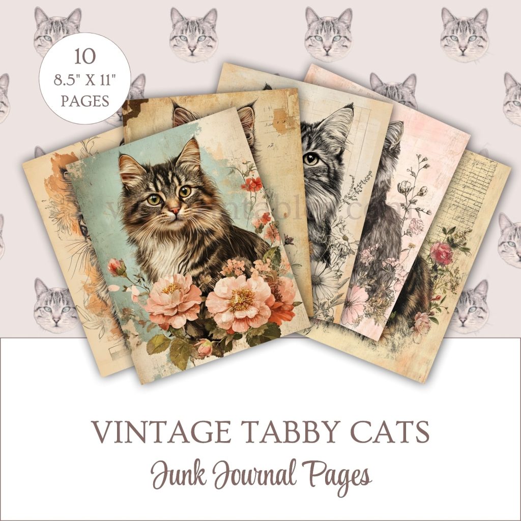 Printable Vintage Tabby Cats Junk Journal Pages