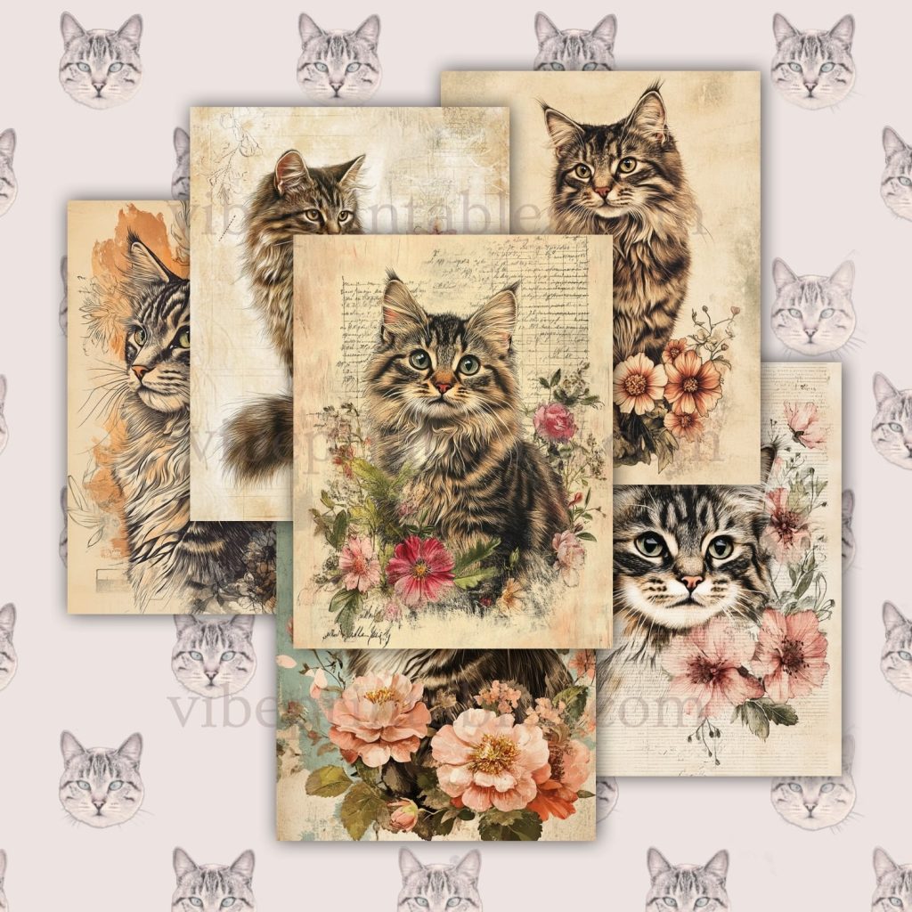 Printable Vintage Tabby Cats Junk Journal Pages