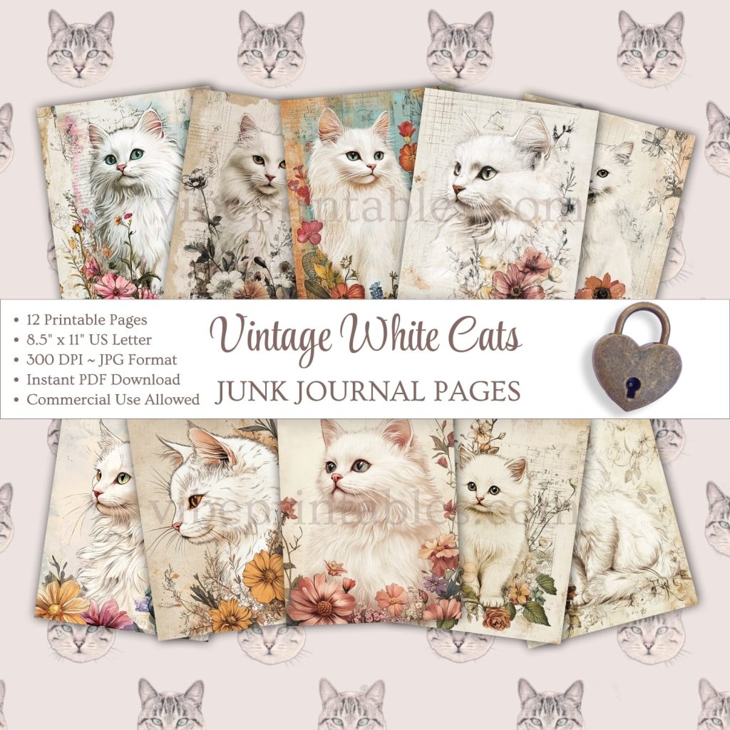 Printable Vintage White Cats Junk Journal Pages