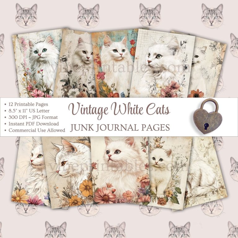 Printable Vintage White Cats Junk Journal Pages