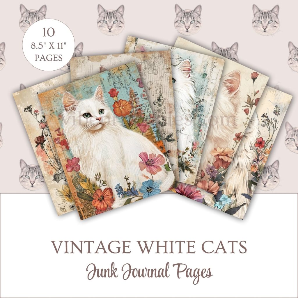 Printable Vintage White Cats Junk Journal Pages