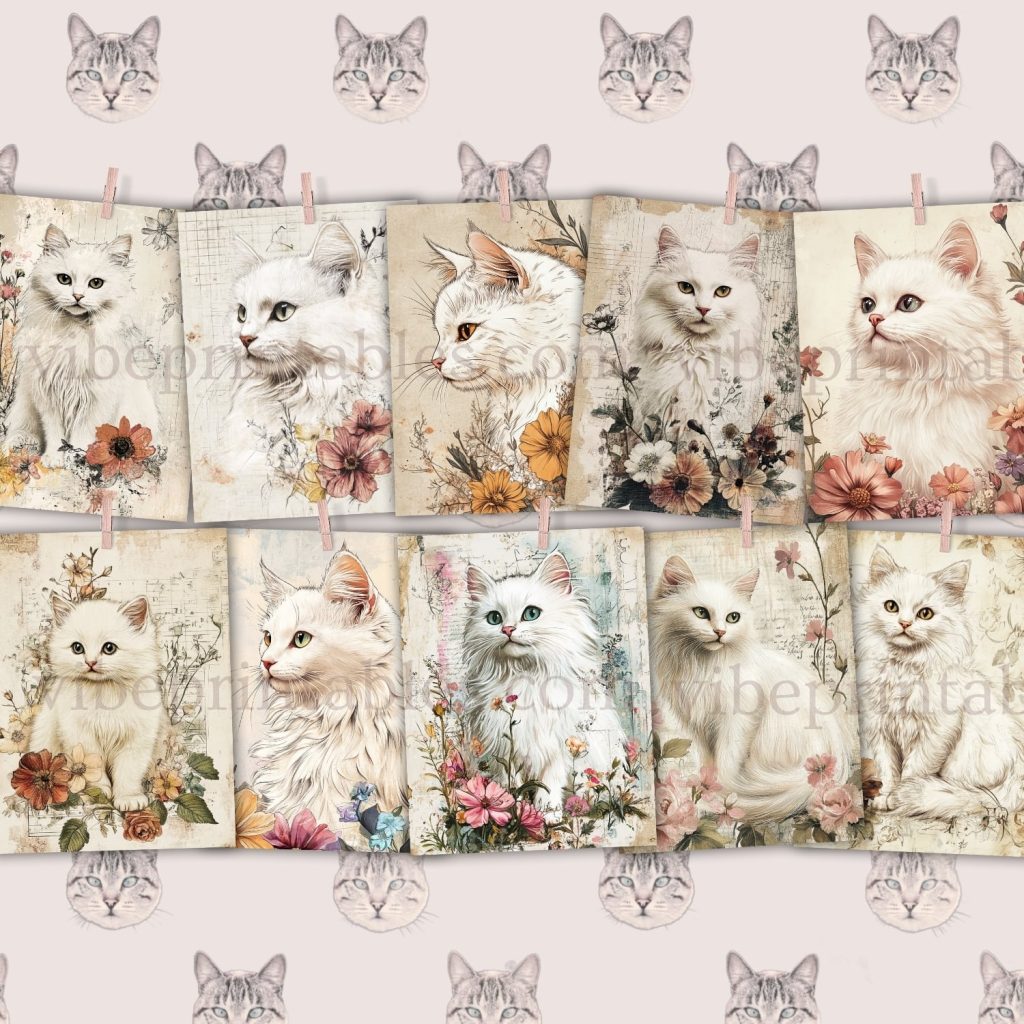 Printable Vintage White Cats Junk Journal Pages