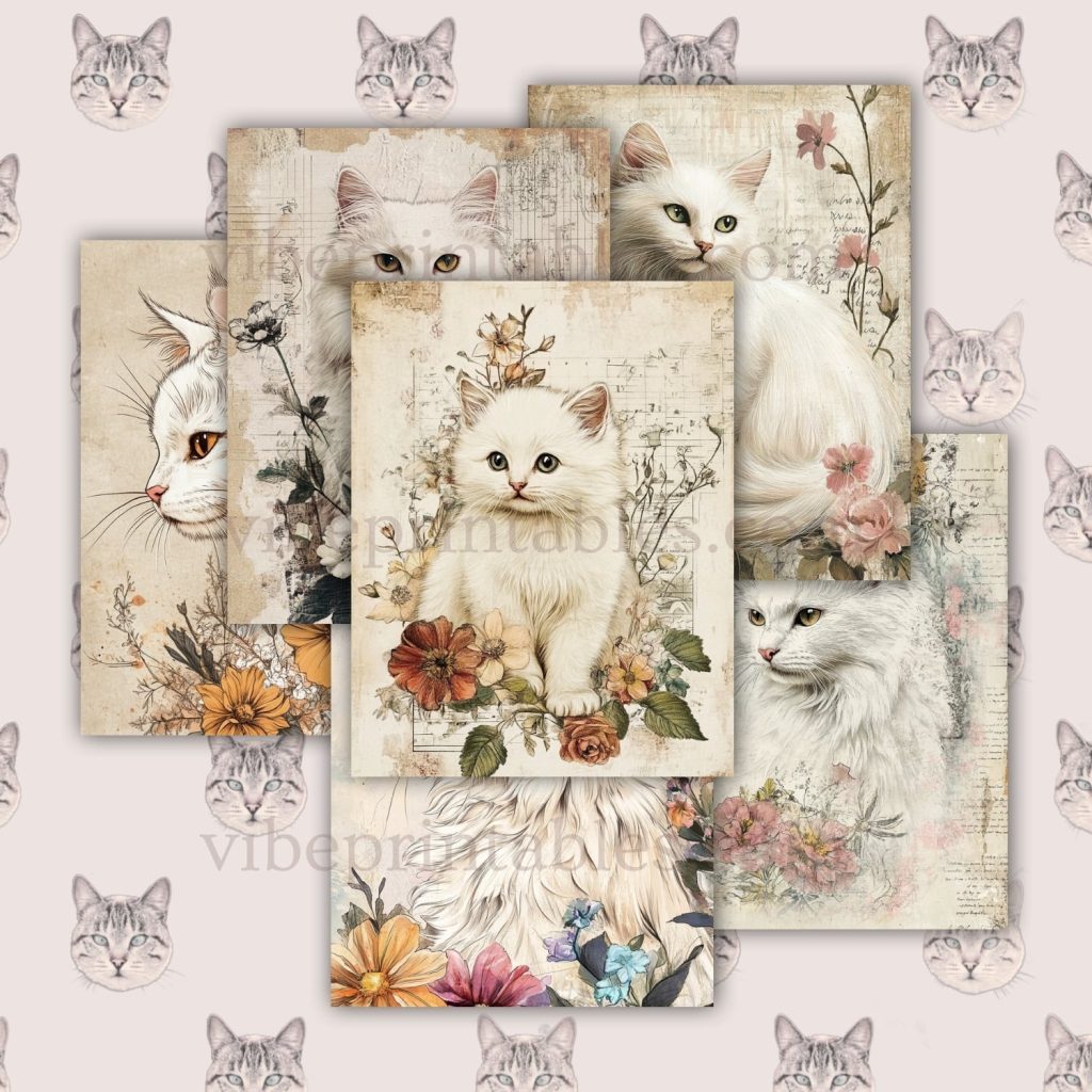 Printable Vintage White Cats Junk Journal Pages