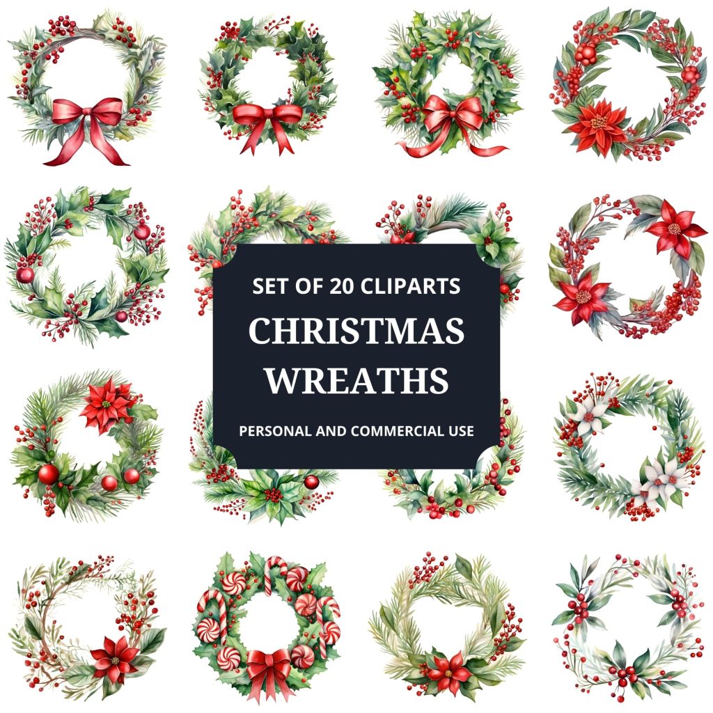 Printable Christmas Wreaths Clipart Set