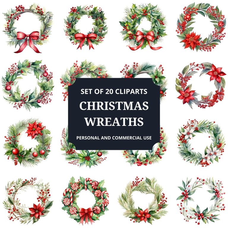 Printable Christmas Wreaths Clipart Set