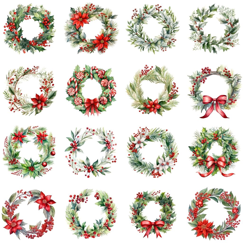Printable Christmas Wreaths Clipart Set