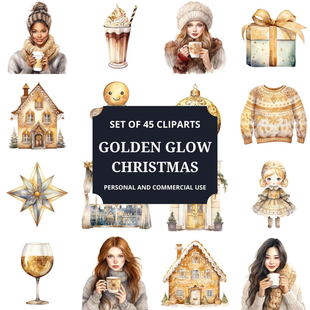 Printable Golden Glow Christmas Clipart Set