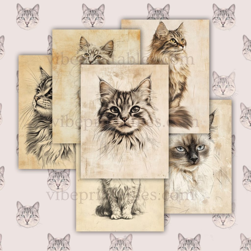 Printable Vintage Long-Haired Cats Junk Journal Pages