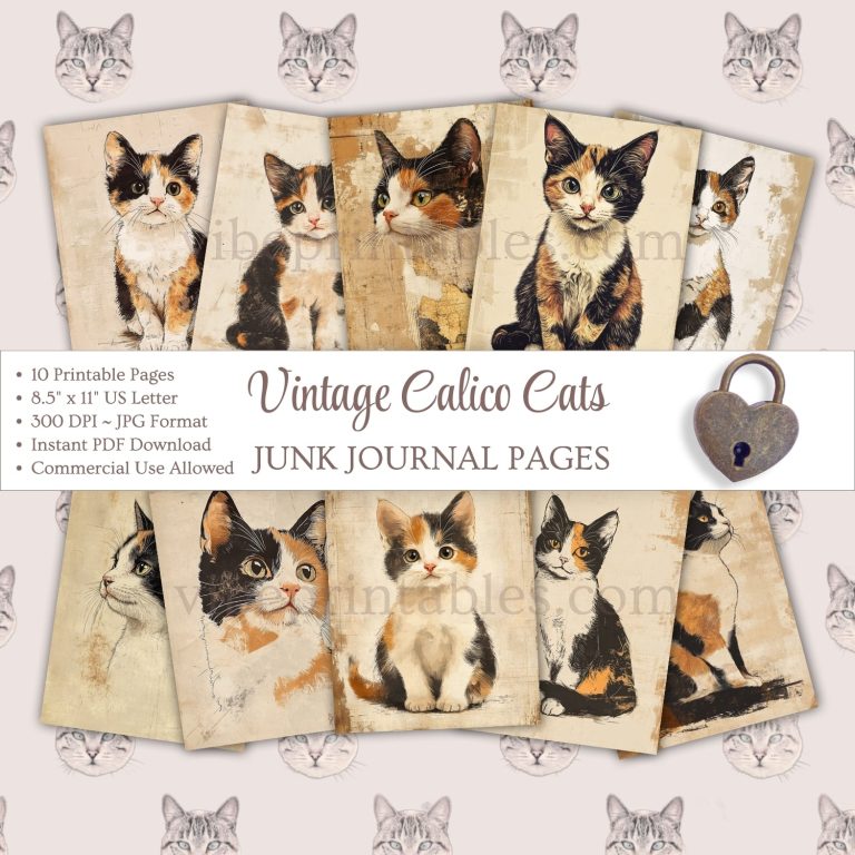 Printable Vintage Calico Cats Junk Journal Pages