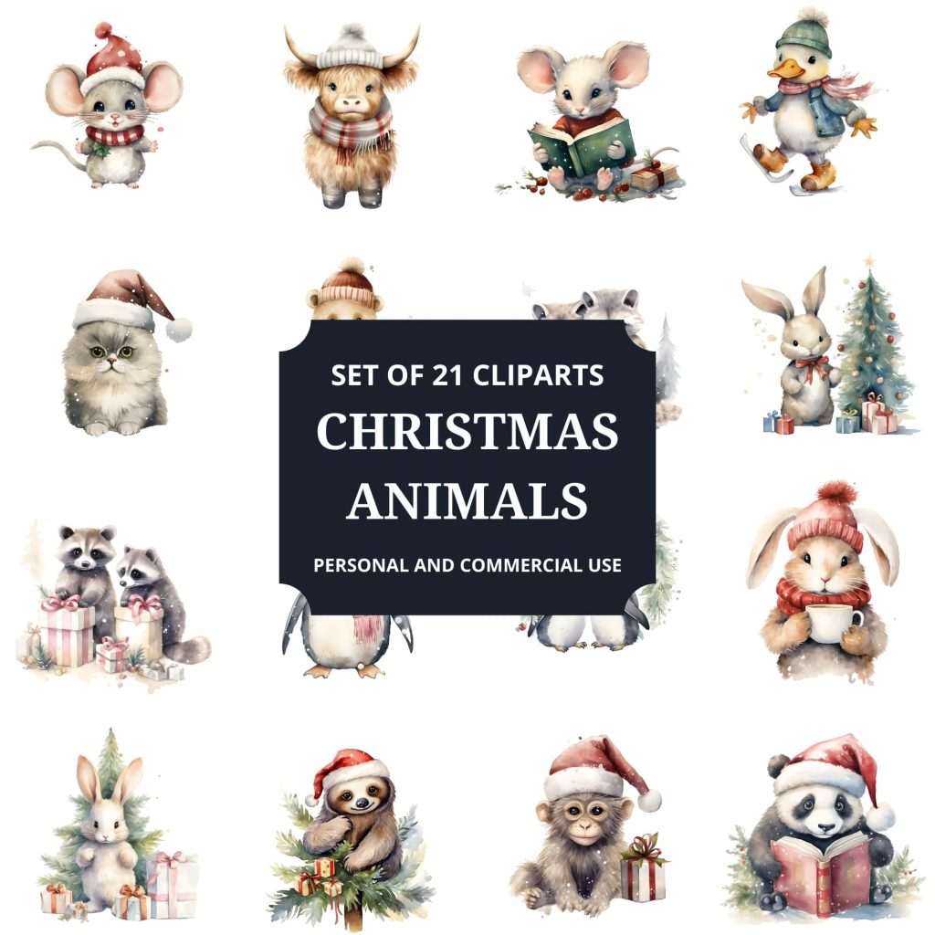 Printable Christmas Animals Clipart Set