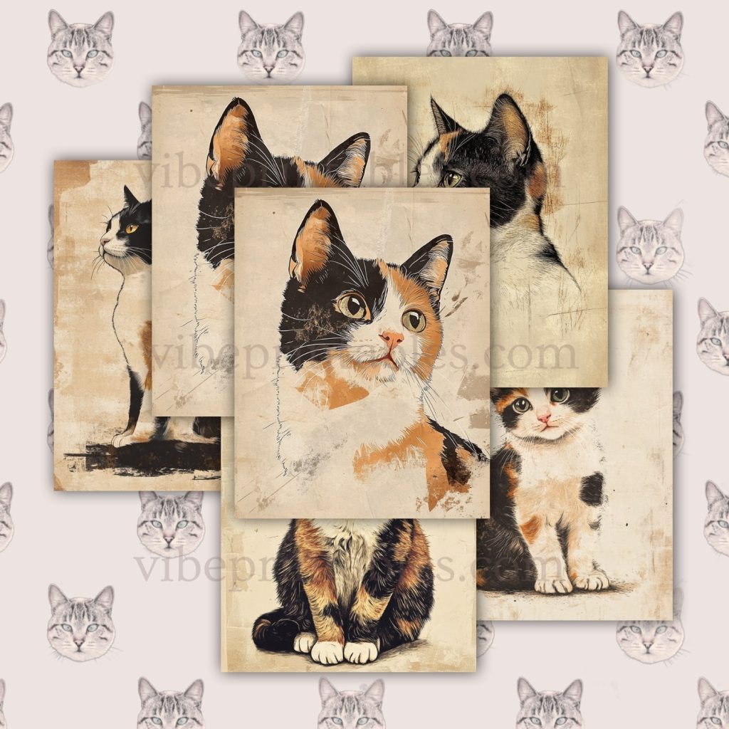 Printable Vintage Calico Cats Junk Journal Pages